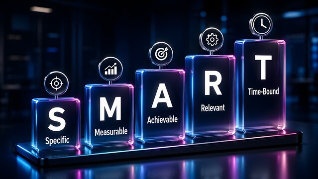 Modern 3D rendering of SMART goals: Specific, Measurable, Achievable, Relevant, Time-Bound for effective business strategy and project management.