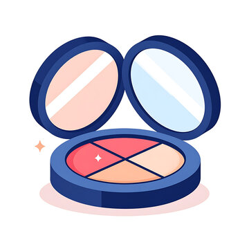 Open makeup compact with colorful powder, blush, and mirror, isolated flat vector illustration