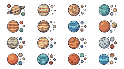 Colorful illustrated planets and moons in space theme. © Yandi