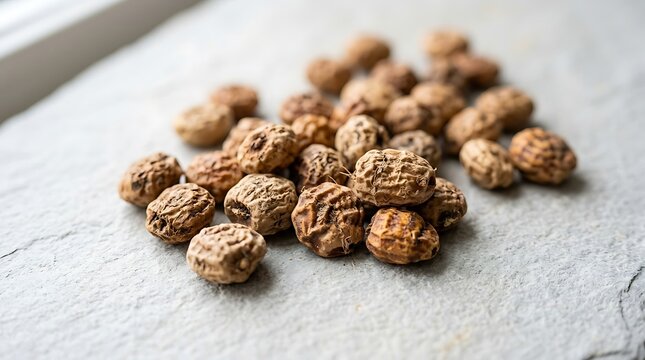 Organic tiger nuts scattered on a light textured stone surface for healthy nutrition