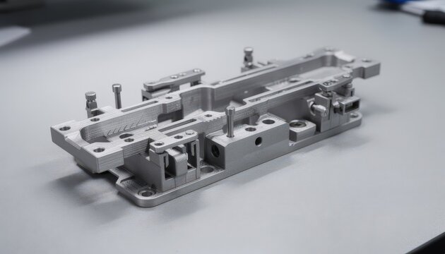 Focused view on a precision 3Dprinted metal jig used in weapon component assembly emphasizing detailed structure and customization for quality control processes.