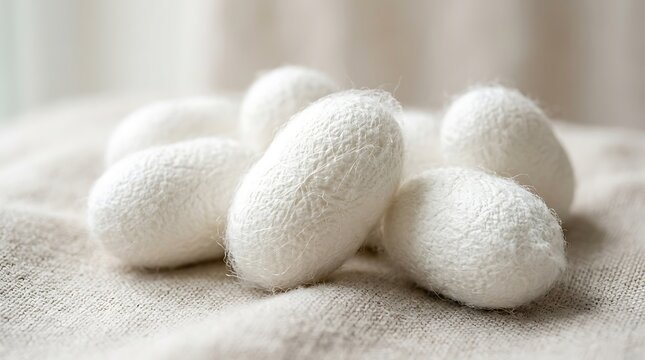 Natural white silkworm cocoons resting on soft textured linen fabric surface