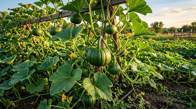 Green pumpkins hanging from sprawling vines on a wooden trellis 
