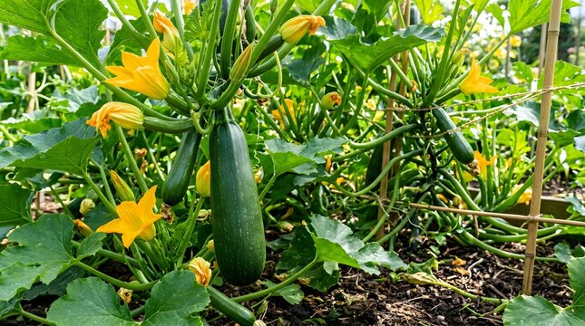 Fresh green zucchini growing on plants with yellow flowers in a garden