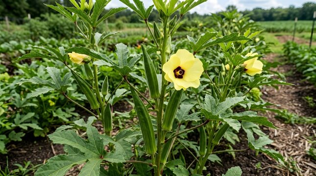Fresh green okra pods and yellow flowers growing in a garden