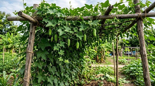 Fresh ivy gourds hanging from climbing vines on a wooden trellis