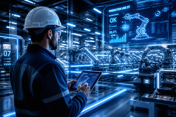 Obraz premium A worker in a hard hat is monitoring digital displays of an automated factory production line.