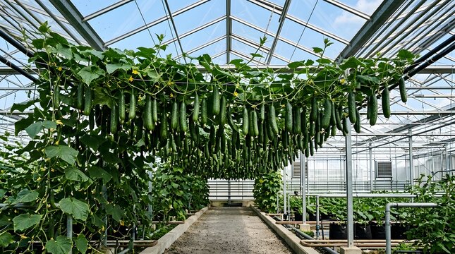 Bountiful cucumber vines hanging in a greenhouse agriculture