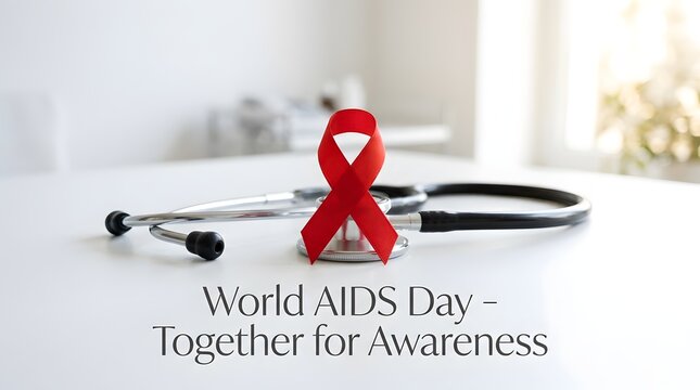World AIDS day text and Red awareness ribbon and medical stethoscope on white table
