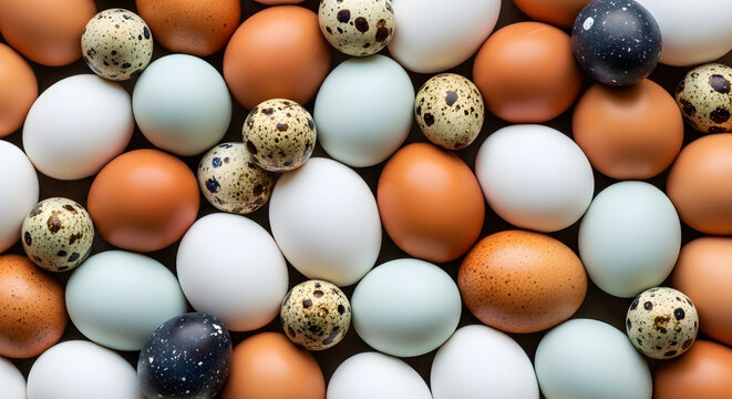 Assortment of fresh organic chicken and quail eggs overhead