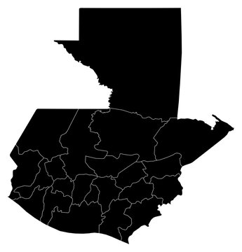 A contour map of Guatemala with department borders. Guatemalan administrative silhouette