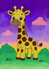 Illustration of a cute cartoon character of a baby giraffe smiling with a gradient color background