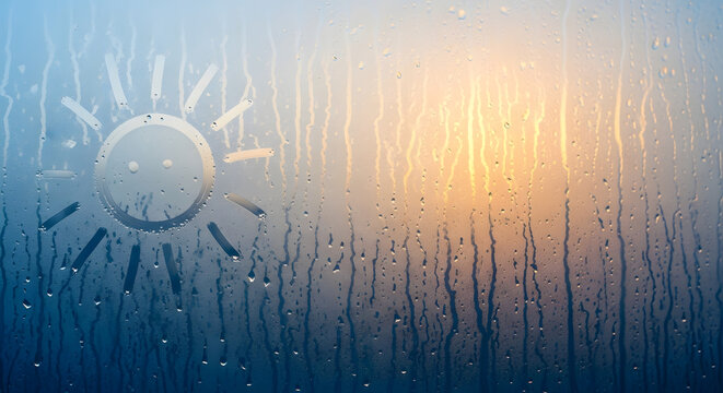 Happy sun drawing on condensation covered window