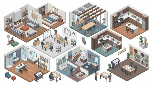 Modern Isometric Interior Design Layout Collection.