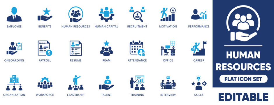 Human resources flat icon set. Vector symbols for recruitment, corporate management, leadership and teamwork.