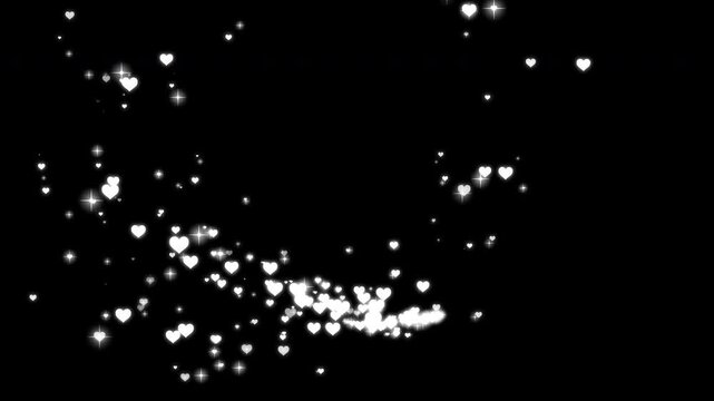 Blinking glitter heart shape particles with glowing particle trail on black background, white glittering particle, magical love shape lights, romantic love trail motion, fairy sparkle burst, 4k