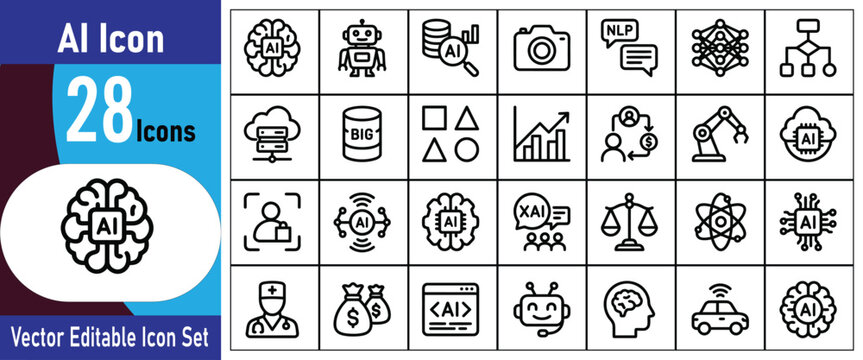 Ai icon set 28 vector icons for artificial intelligence machine learning and technology concepts