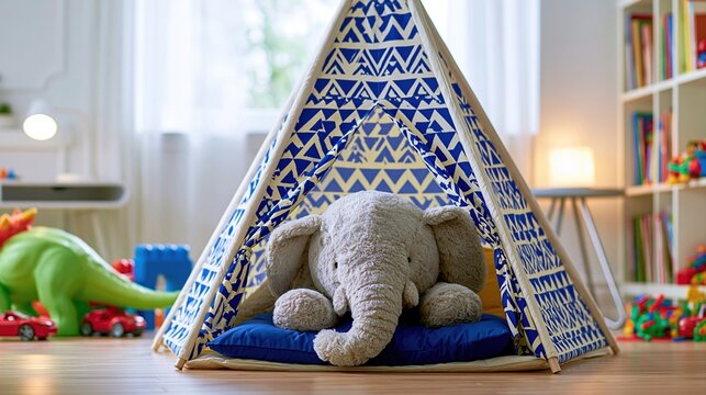 Stuffed elephant toy resting inside a blue patterned play tent in a bright child's bedroom