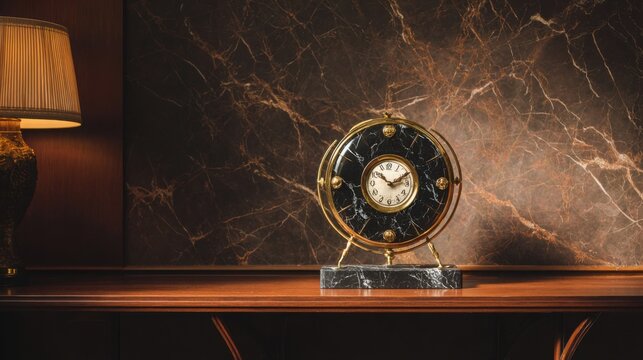 Elegant Art Deco mantel clock in polished brass and black marble standing on a walnut console table, sophisticated autumn interior with warm indirect