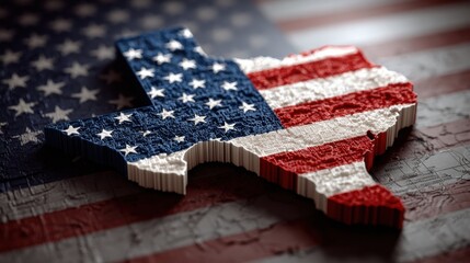 Obraz premium Texas map shaped like the American flag shows unity and pride in a strong symbol of state and national identity