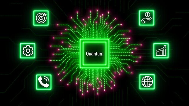 Quantum Technology Network concept with Data Security and Automation. Business, Technology, Internet and network concept. Abstract glowing green circuit board background. 4k video