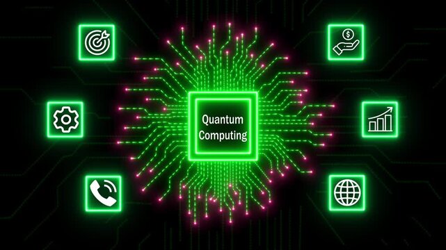 Quantum Computing Technology Network concept with Data Security and Automation. Business, Technology, Internet and network concept. Abstract glowing green circuit board background. 4k video