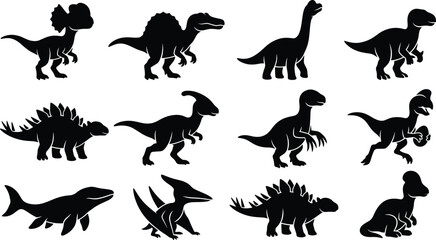 Black Dinosaur Silhouette Set with Prehistoric Reptiles Isolated Vector Collection for Design © Chandra 