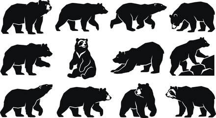 Obraz premium Bear Silhouette Icon Set Collection with Walking Standing Sitting and Wildlife Vector Poses