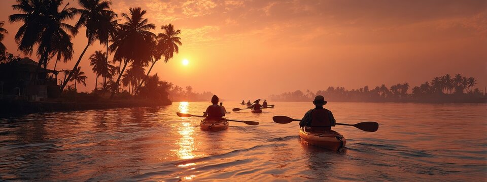 Kayakers paddle on a river as the sun sets behind palm trees in the evening sky