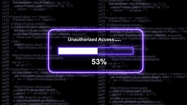 Cyber security breach alert featuring an unauthorized access progress bar overlaying complex digital programming code background, for high-tech data, protection, network hacking, and software