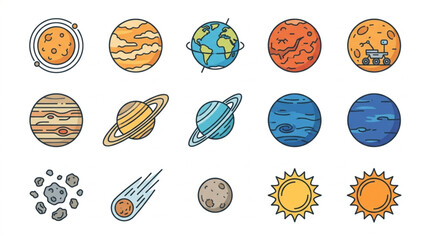 Colorful Illustrated Planets and Space Objects Collection. © Rizki