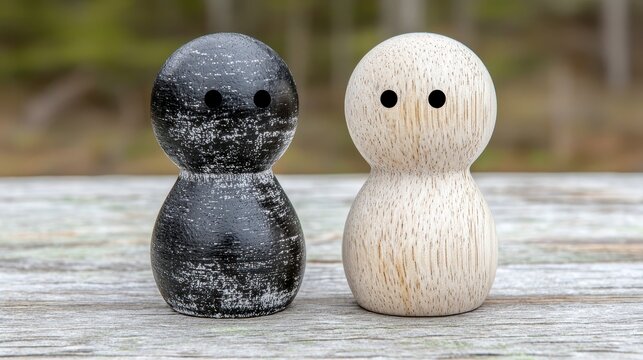 Black and Beige Speckled Wooden Figurines on Weathered Wood