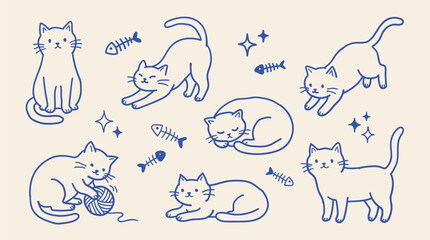 Cute hand-drawn cat doodles set with fish bones and yarn ball © Dipta