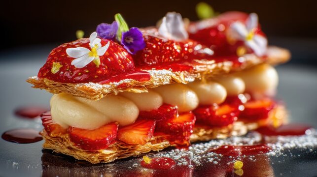 elegant French mille feuille with crispy puff pastry layers, silky vanilla cream, fresh strawberries, glossy strawberry glaze, powdered sugar, edible