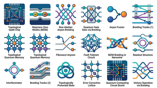 Topological quantum computing icons set featuring anyon braiding and Majorana zero modes.