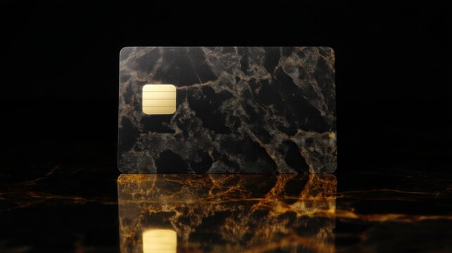 elegant premium black credit card without logo resting on polished black marble with golden reflections, luxury banking concept, minimalist