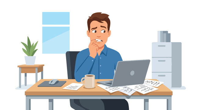 Flat style vector illustration of a stressed office worker biting fingernails while facing work pressure on a laptop. Perfect for anxiety, bad habits and workplace mental health