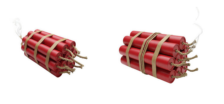 Two bundles of red dynamite sticks with fuses isolated on transparent background
