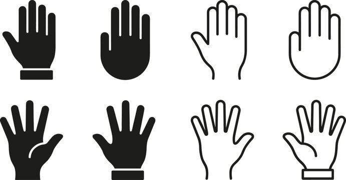 Open Hand and Stop Gesture Icon Set with High Five, Palm, Five Fingers, and Boundary Communication Symbols in Line and Glyph Styles for Platforms