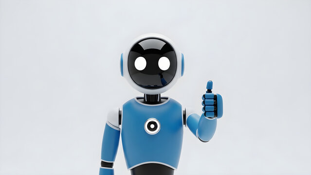 Modern humanoid robot character showing a positive thumbs up gesture for futuristic technology communication and artificial intelligence concepts