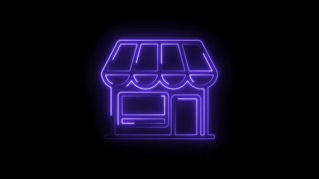 Purple neon glowing storefront icon animation on black background representing retail business