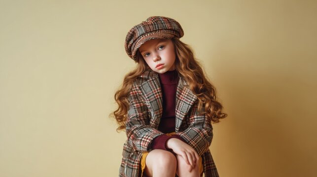 Fashionable girl wearing an oversized plaid blazer, burgundy turtleneck, wool shorts and beret, warm cream background, contemporary preppy autumn