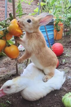 rabbit sitting on the duck and eating food 