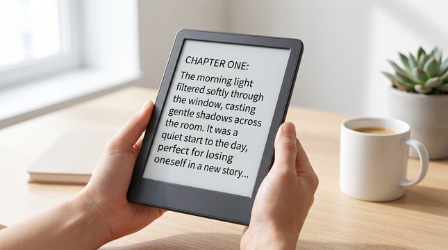 Person holding e-reader displaying digital text on screen during a relaxing morning routine with coffee