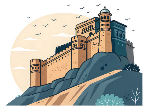 Mehrangarh Fort dramatically positioned on a rocky cliff, centered composition, premium minimal vector illustration