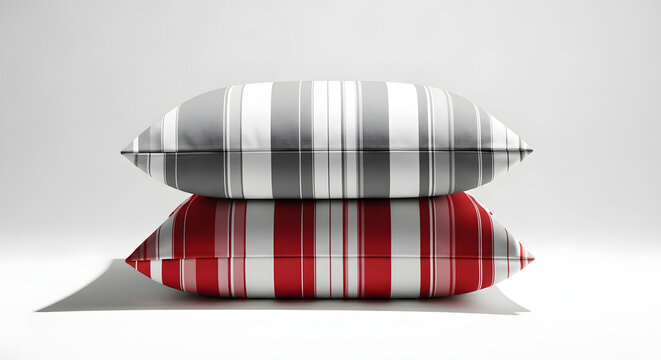 Stack of striped pillows grey and red