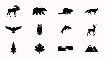 Wildlife and nature silhouettes set against minimalist white background with modern collection twelve black silhouette icons © Parthokumar