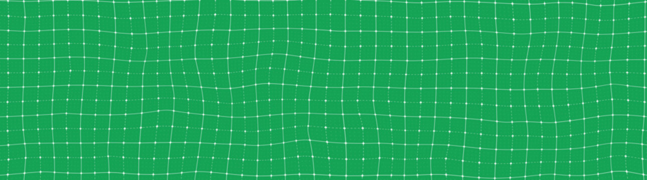 Cross deform dash grid pattern on green surface. Square white distort graph paper with intersection dots. Blueprint warp template. Vector FUI science backdrop for technical drawings and plans.