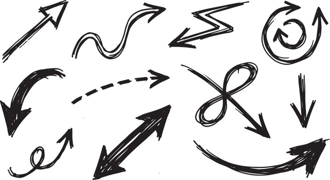 Black ink hand-drawn arrows, circles, and symbols on white background, line dash
