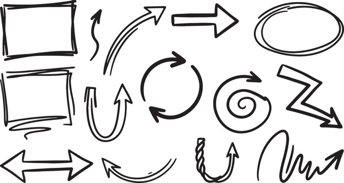 Black ink doodles of various abstract shapes and symbols on white background